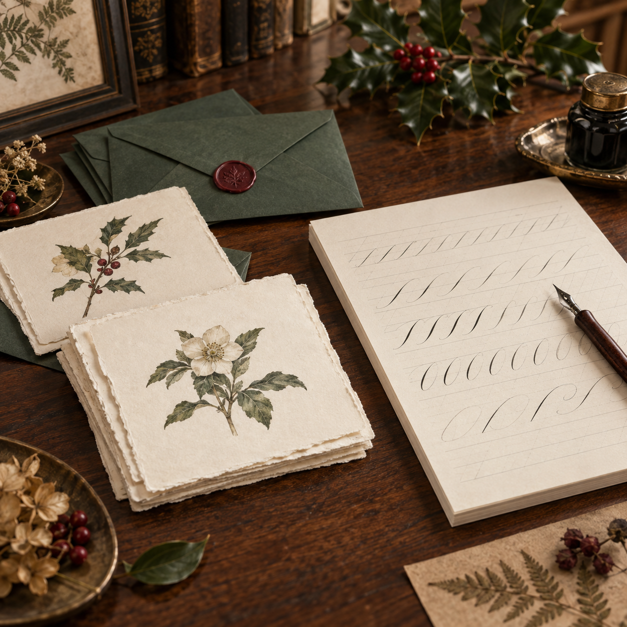 Concept photograph of deckled letter paper and botanical stationery