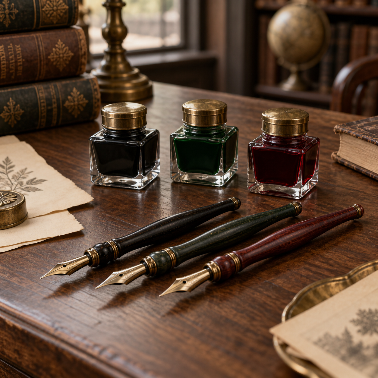 Concept photograph of calligraphy dip pens and three bottles of ink