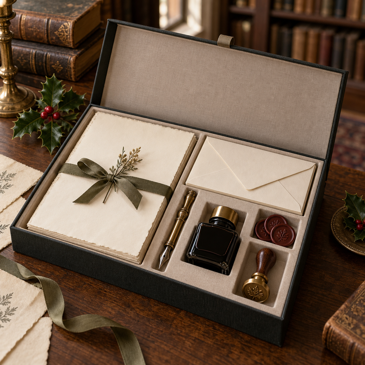 Concept photograph of a correspondence gift box with paper, envelopes, dip pen, ink and sealing wax
