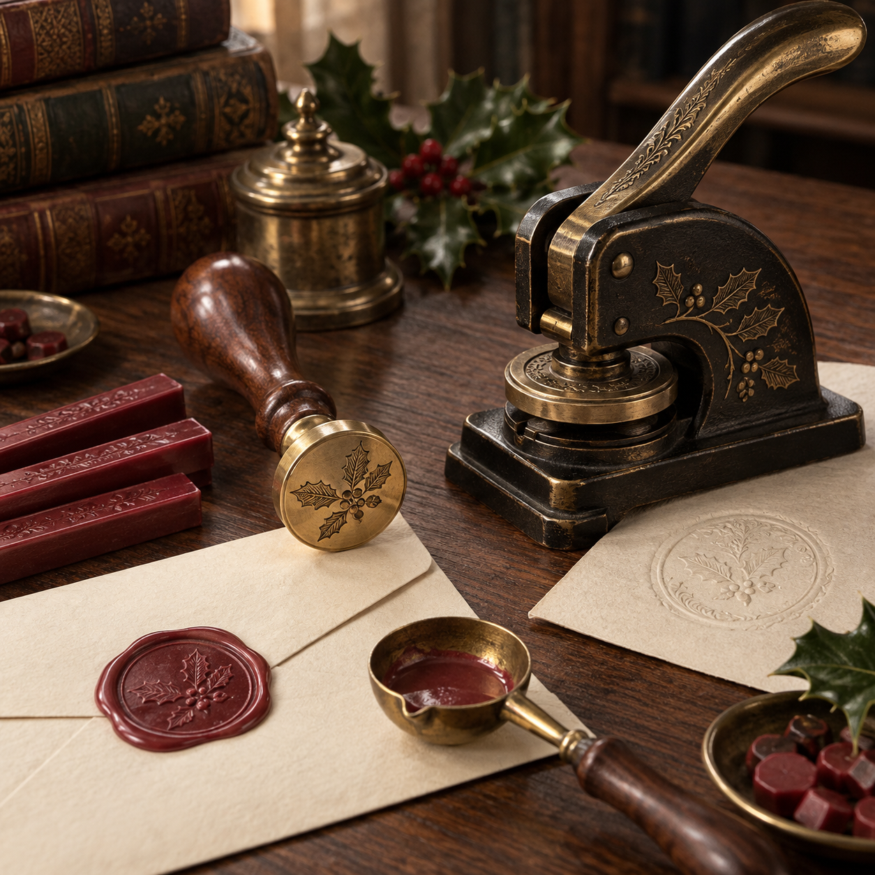 Concept photograph of a brass holly wax-seal kit and vintage-style embosser